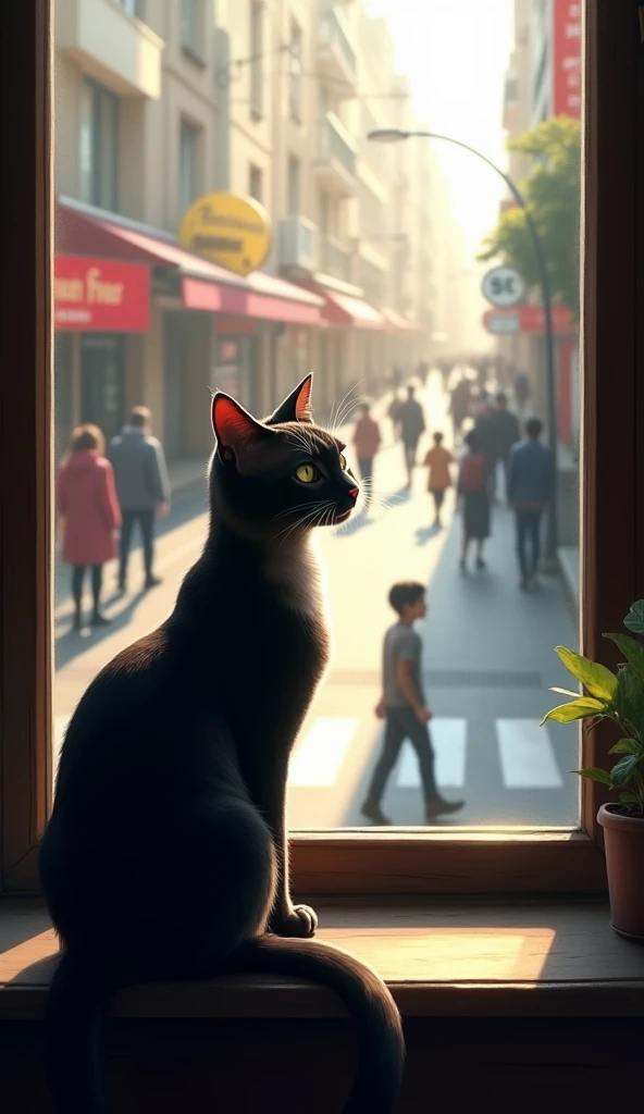 The cat  can  see people walking on the streets 