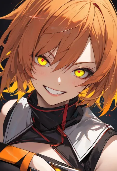  adult woman,  short orange hair and neon yellow eyes 、A strong smile、 face close-up、Assassin&#39;s Outfit、 knife that makes blood fly
、 beautiful skin