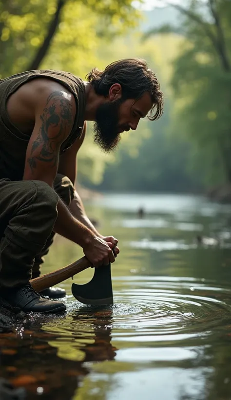 The woodcutter accidentally drops his axe into the river. He leans over the riverbank, looking distressed. The axe is sinking, creating ripples in the water. Sunlight reflects off the water’s surface, adding a magical touch.