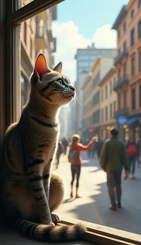 The cat  can  see people walking on streets but one person is waving at them 