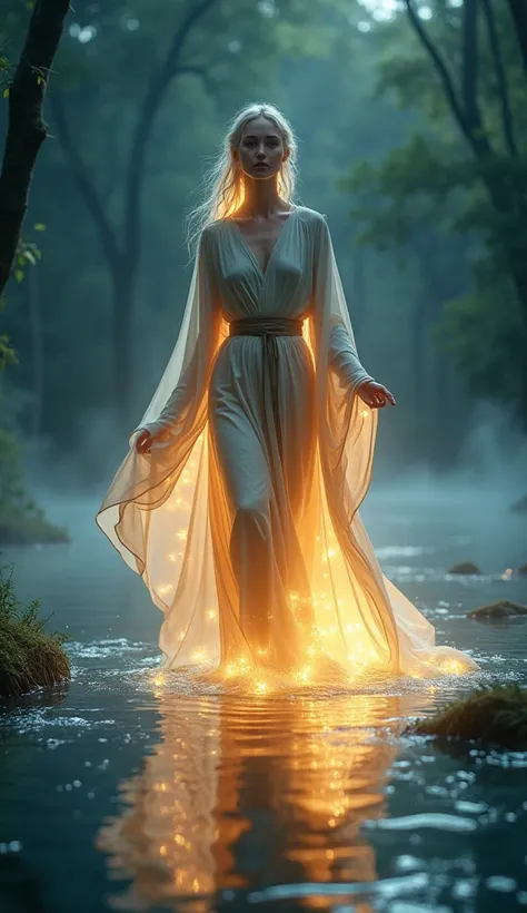 A beautiful, glowing river spirit emerges from the water. She has flowing, shimmering robes and a kind expression. The water around her glows softly, and mist rises, creating a mystical atmosphere. The woodcutter looks surprised but hopeful