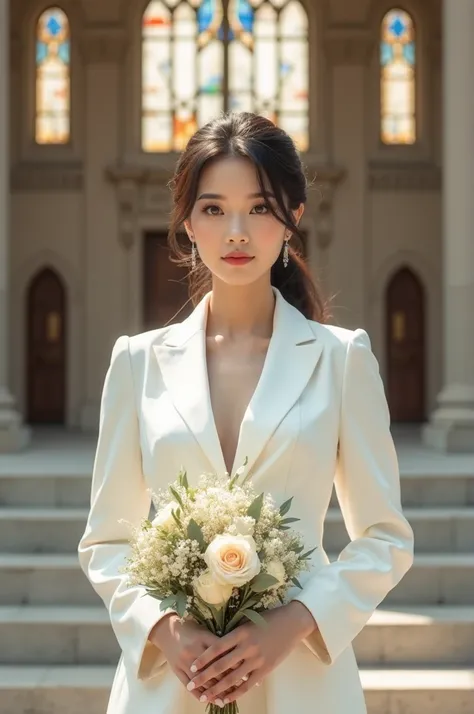 Create a photo of a 20-year-old beautiful woman k-pop, posing on a Chapel with a background of wedding Day, holding a bouquet and wearing a white Tuxedo