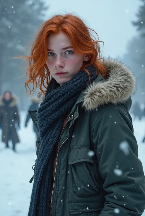 PICTURE REALISTIC; young man between 2, Red-Haired, medium long hair, offwhite, violet eyes, warm clothing, and using ice powers, post apocalyptic background scenario 