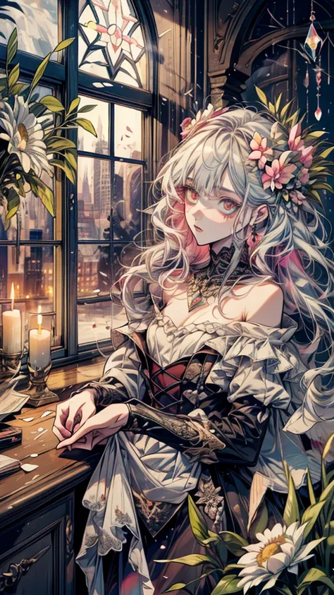 A female student, bending forward to camera, masterpiece, sexy, scattered flowers, haunting, glass, windows, candles, heart, colorful, detailed, epic