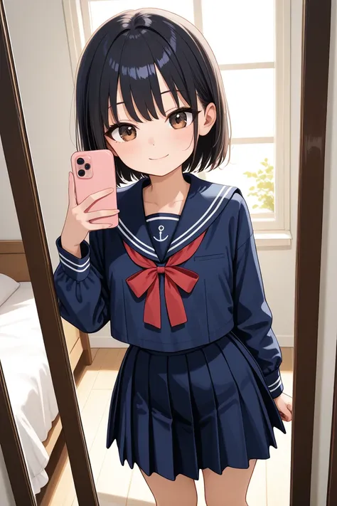 A  Japanese middle school girl with long, straight black hair and large, slightly droopy brown eyes. She has a gentle and cute expression, looking at the mirror with a soft smile.  

She is wearing a traditional Japanese navy blue sailor school uniform. Th...