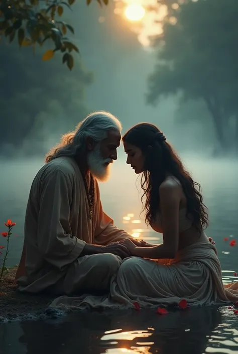 A very clear ultra HD dynamic image of "An ancient, mystical riverside scene in India, covered in a thick magical mist, ensuring secrecy. A beautiful young woman with long, flowing dark hair and a radiant glow sits close to a powerful sage with deep, knowi...