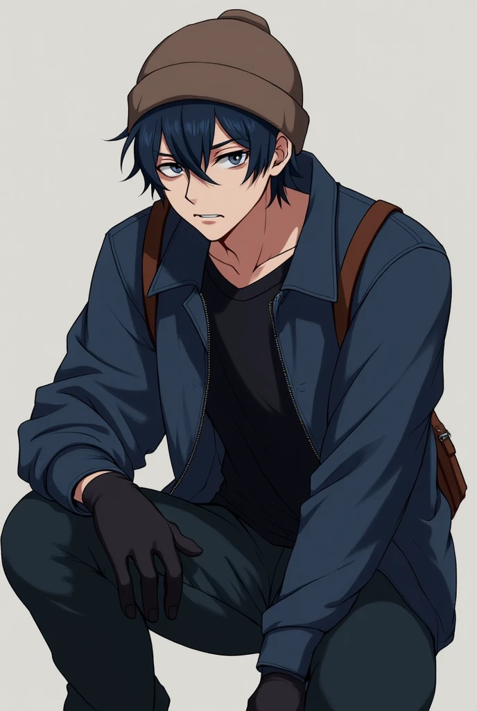 A man who is 175 centimeters tall , has a dark blue jacket unbuttoned, with a black T-shirt underneath, wears a leather bag. Wears a brown beanie hat. Medium build. Angry facial expression, a little shabby. Not musculine face. Dark blue hair. Anime brutal ...