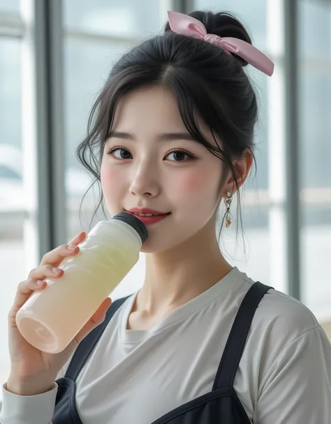 (Super cute busty Korean college girl is drinking a drink from a squeeze bottle:1.2)(Happy smile:1.2)(16k,  RAW photos ,  top quality,  Masterpiece: 1.2),( cute bun hair with glossy black hair )  Super Detail,  Super Resolution, (Genuine, Genuine photos: 1...