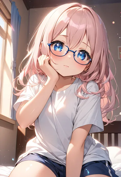 in heat face, face close up,rimless glasses ,crinkly eyes ,Bed, very beautiful face ,loli,Loose fit White T-shirt ,plain shirt, shorts ,indoor, small breasts ,curvy, Shiny hair, light particles ,｛Elementary school students｝ ,light pink hair, 1 girl, solo, ...