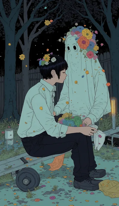  live action、Genuine、Beautiful Japanese boy wearing a dress shirt and black chinos casually、  black hair、 short hair、 bangs with lots of flowers 、I'm playing on a seesaw with a friend dressed as a ghost covered in sheets、ren&#39;s park at night