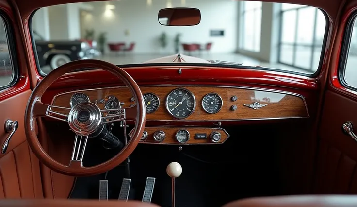  1933 Ford Coupe full interior dashboard view in showroom 