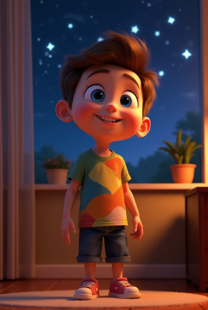 Create a 3D Pixar-style character of a  named Timmy. He has short brown hair, big curious blue eyes, a bright smile, and is wearing a colorful t-shirt with denim shorts. He should have an energetic, hopeful expression and a playful pose, standing in a room...