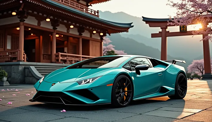 A stunning **teal-colored Lamborghini** parked outside a traditional **Japanese temple**, blending modern luxury with ancient serenity. The sleek, aerodynamic curves of the Lamborghini contrast beautifully with the temple’s wooden architecture, ornate roof...