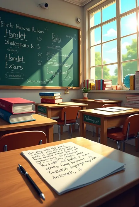 Prompt: "A vibrant classroom setting where various topics of English are displayed visually. In the foreground, a blackboard filled with grammar rules, like subject-verb agreement and tenses. On one side, a stack of literature books, with famous works like...