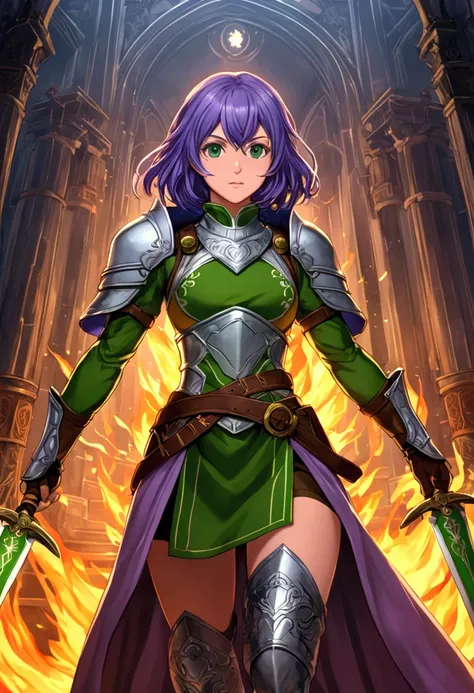 Fire emblem Girl with Purple hair green eyes and carrying a sword and myrmidon outfit 