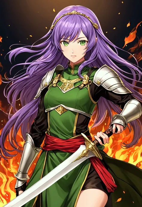 Fire emblem Girl with Purple hair green eyes and carrying a sword and myrmidon outfit 