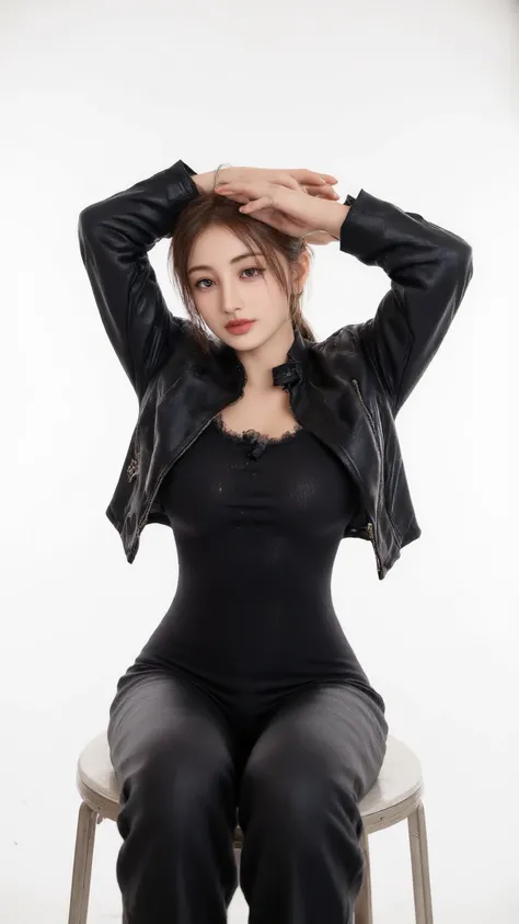  wearing a sexy glossy black leather jacket, Subtle makeup ,  Black leather pants  , Sexy seductive smile ,  happy,  white studio background , black leather bodysuit,  full body, She is sitting in a chair, camel-toe, pussy,  spreading legs , Raise your arm...