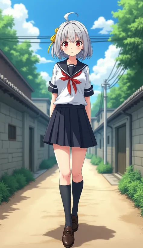  Masterpiece,  top quality,  high resolution,  very detailed,((( pretty girl with gray hair who has decided to pose))), ((( Japanese Anime ))), ((( short hair))), ((( sailor suit))), ((( black pleated skirt))), ((( high socks ))), ((( loafers ))), ((( Yell...