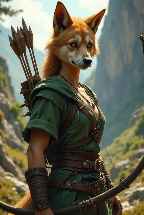 A humanoid girl German Shepherd. She is a girl in mostly green cloth clothing and leather armor, has a bow and arrows. She has a wolf tooth necklace.