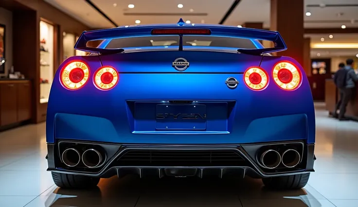 A breathtaking rear view of a blue Nissan Skyline inside a luxury showroom. The signature quad circular taillights glow brightly, emphasizing the car’s legendary design. The aerodynamic spoiler, dual exhausts, and Nissan badging stand out against the gloss...