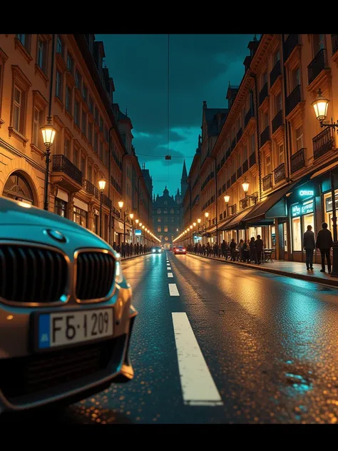 Close-up of the road, clear,  European city , night in town,, in the far left is a bmv car