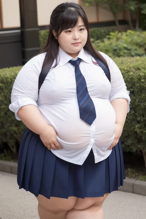 overweight、  very obese  、  Japanese woman、  school uniform、  big stomach、  thick butt、thick、  out of breath、Feeling fatigued、 can't walk 