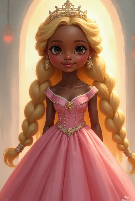 Unknown princess black skinned long blonde braided haired little chubby she wearing a beautiful pink dress with a crown on her head 