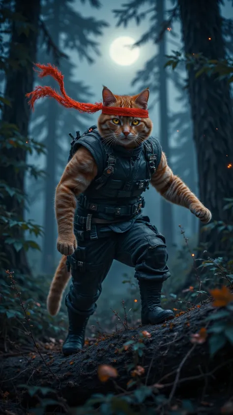 *“A highly detailed, photorealistic cinematic close-up of an anthropomorphic orange tabby ninja cat, dressed in a sleek black tactical bodysuit with finely stitched seams and a flowing red headband. The cat stands poised on the tip of a rugged tree branch,...