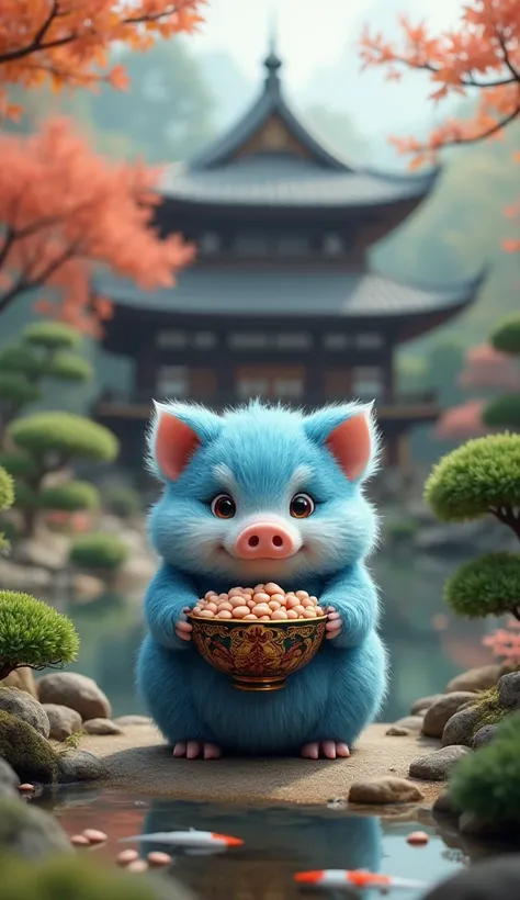  Fantastic　 real 　Japanese house garden 　A cute fluffy blue baby boar holding a bowl filled with beans


