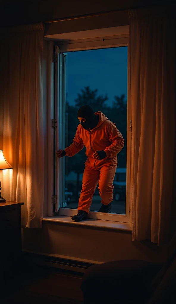 A highly realistic night-time scene inside a dimly lit living room. A black-masked thief, dressed in a full orange outfit, is stealthily entering the house through an open window. His hands grip the window frame, and one leg is already inside as he moves c...