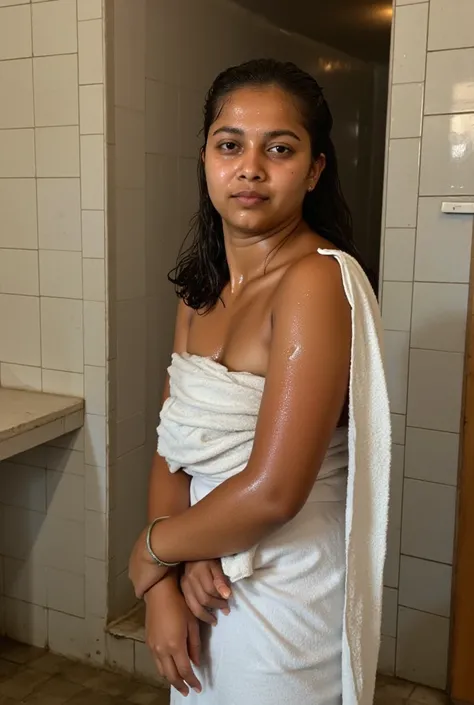 Realistic Photo Srilanka teenage girl From the school bathroom Showering Wear a Bath Towel All his body is wet from the shower water Closing the door of the School bathroom