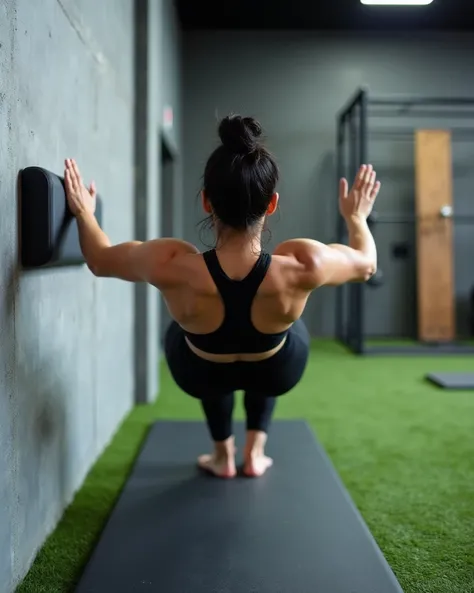 A young woman, light-skinned, in her late teens to early thirties, is performing a wall push-up exercise on mat . She is positioned in a centered, slightly angled view, facing away from the viewer, head down. Her body is in a straight line, supporting her ...