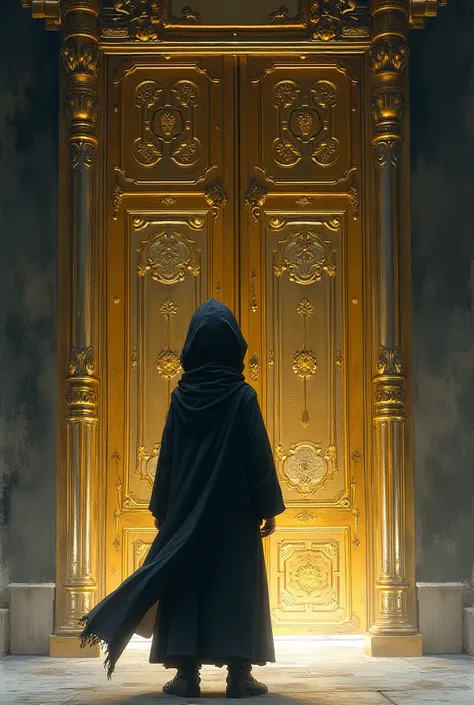 A shota with a hood that covers almost his entire face and a long tunic, and while looking suspiciously at a very large door, it is cast out of gold and silver