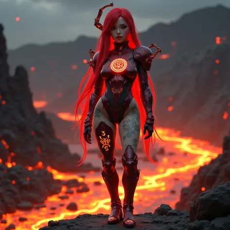 - Photorealistic with perfect details, Cinematic, Masterpiece, HD, Sexy CGI.

- Beautiful "Japanese" woman, long reddish hair, red eyes.
Arms full of colorful tattoos, expressive.

- Wearing a costume ("Full Sexy Armor"), a costume that embodies the form o...