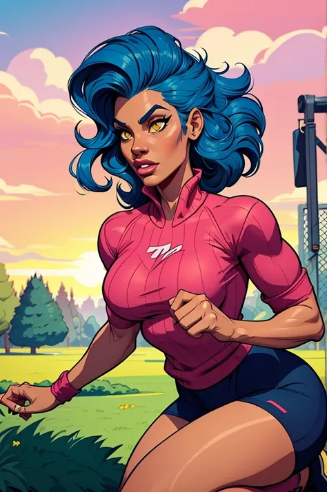 Nina is a 40-year-old woman, strong, athletic and handsome. she is a woman with blue cut hair, dark yellow eyes and a somewhat tanned complexion. she is an athletic and energetic woman. she is dressed in a pink pullover. cartoon drawing.she is in the park....