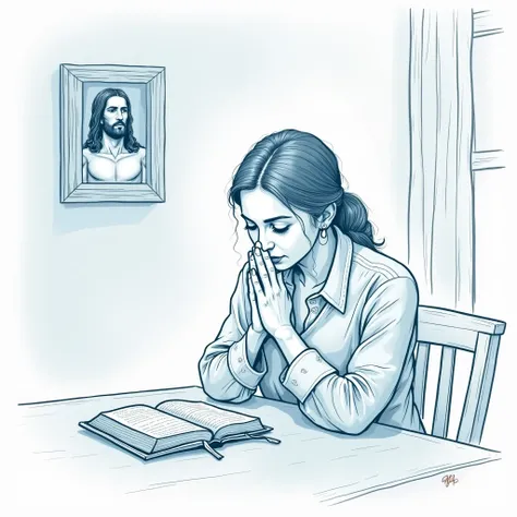 This picture mainly depicts a British woman praying at a table. The overall picture adopts a light blue sketch style with smooth lines, giving people a sense of peace and tranquility. She has a pious look, her arms on the table, her hands clasped together,...