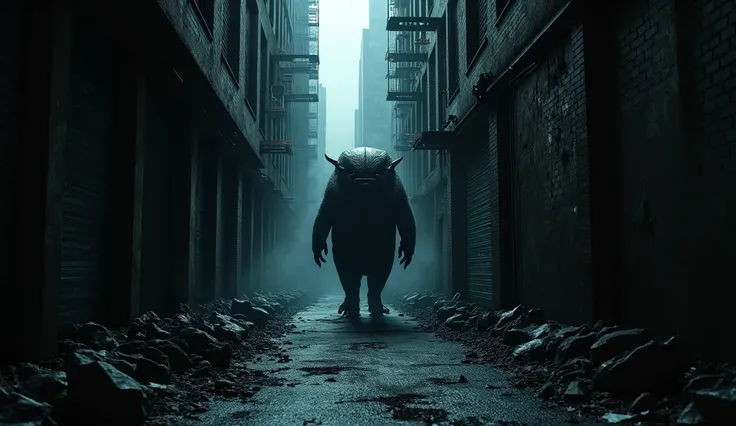  A dingy, dark alley with no people in downtown New York at midnight。A monster that looks like a Kanegon a slightly smaller size than a human is walking。写真品質、 high definition 、 Super Detail、 super realistic 。