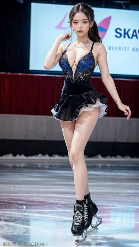 (8k, best quality:1.3), (extremely detailed:1.2), perfect anatomy, beautiful Japanese woman, 18 years old, healthy thighs, beautiful legs, beautiful skin, random hair color, random hairstyle, large breasts, (she is standing:1.2), female figure skater, figu...