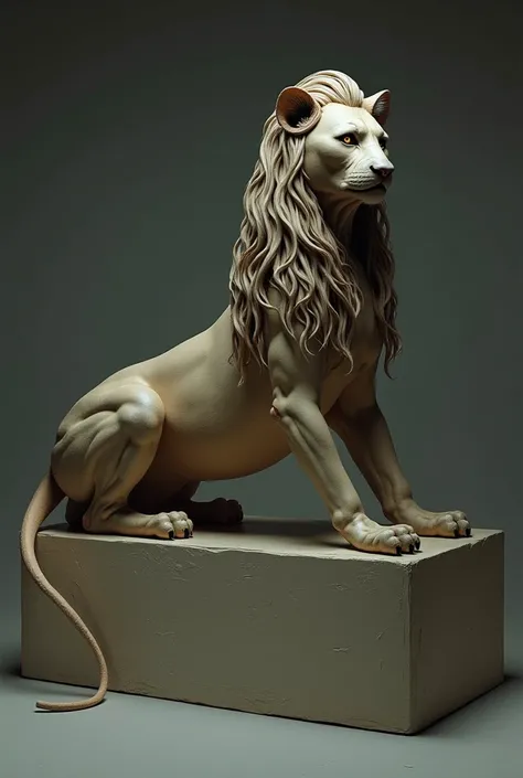 Beautiful nude long-haired Latina woman is cursed to become a sphinx creature, pose like a real sphinx sculpture, with square base, an empty stare, tilt view,  view from the side