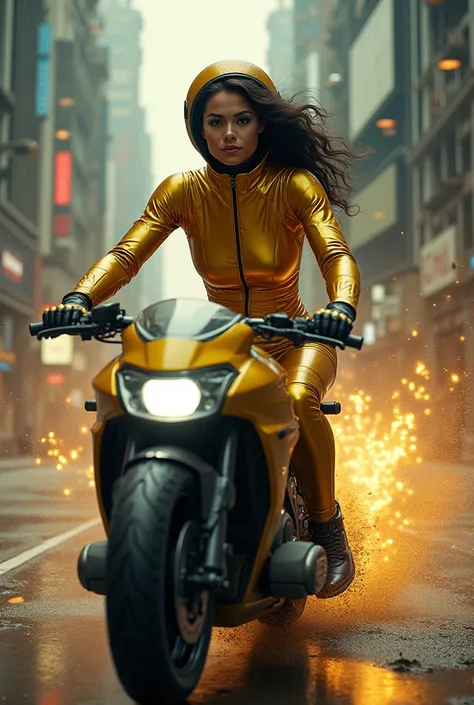  beautiful woman、 gold rubber suit that fits the body、Futuristic helmet 、 Cyberpunk Style 、Metropolis style 、 riding a futuristic SF motor bike 、 sliding、 appeared by breaking through a stone wall
