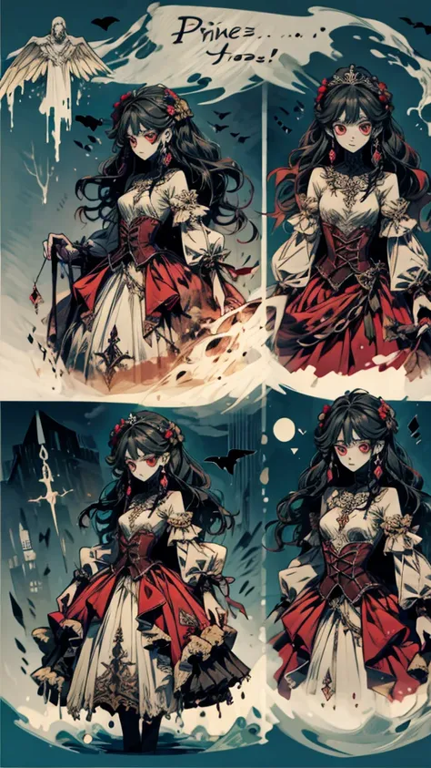 Princess, character design sheet, red eyes, dark dress, haunting