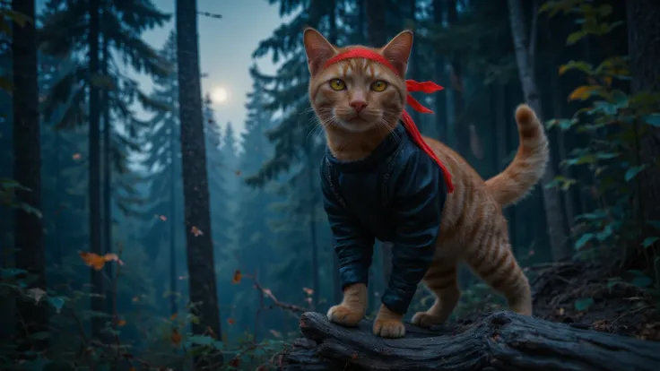 *“A highly detailed, photorealistic cinematic close-up of an anthropomorphic orange tabby ninja cat, dressed in a sleek black tactical bodysuit with finely stitched seams and a flowing red headband. The cat stands poised on the tip of a rugged tree branch,...