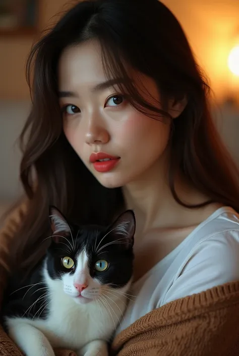 (Closeup photo, realistic, HDR focus), beautiful japanesee women(curvy, long brown hair and big breasts)perfect makeup, red lips, wearing brown sweater and white t-shirts, sits in the sofa with fat cute baby cat(black and white motif, blue and yellow eyes ...