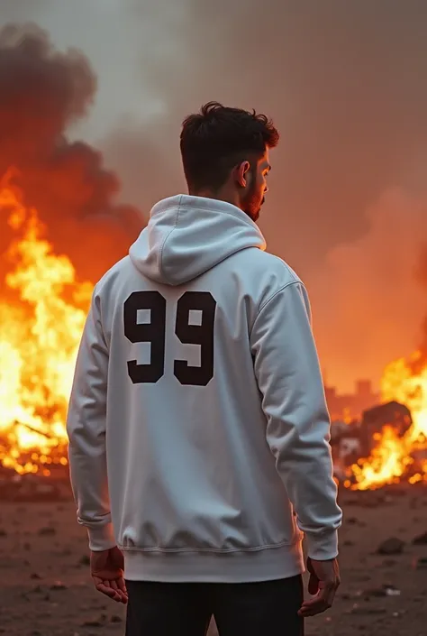 A male wearing a white Hoodie sweater is facing backwards while carrying the logo flag of the city's 99 backgroun destroyed filled with flames, 
THERE'S A BANG AZAY NAME LOGO ON A WHITE HOODIE SWEATER 