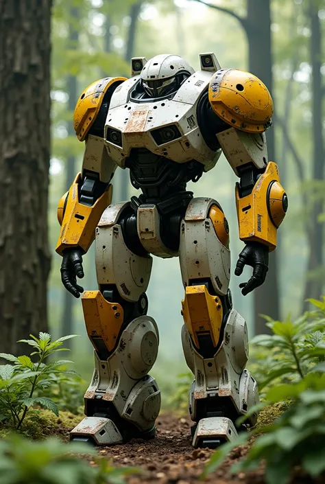 Weathered white mecha with yellow heavy armor.apalachan forest background 