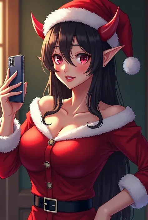 woman in Santa outfit taking a selfie with her cell phone, Santa 옷을 입고 휴대폰으로 셀카를 찍는 Mi Fu ,  tumbler ,  made by Sosaku ,  Very Sexy Devil Costume , 8k)),  anime girl cosplay , v Devil May Cry's elf , Succubus , 🔥 😎 🕹️ 👀 :2, Santa,  sakimichan in the detail...