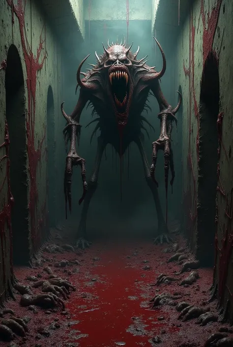 **"A pitch-black, rotting nightmare of a room—drenched in thick, coagulated blood and the stench of decay. The walls pulsate as if alive, covered in writhing, fleshy veins that ooze dark, putrid slime. The air is thick with the distant echoes of tortured s...