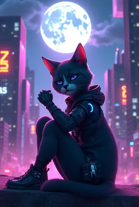  cyberpunk themed cat smoking weed on a moonlight anime 3D LOGO with 725