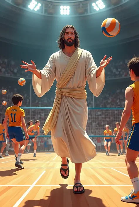 Jesus playing volleyball against the Karasuno team