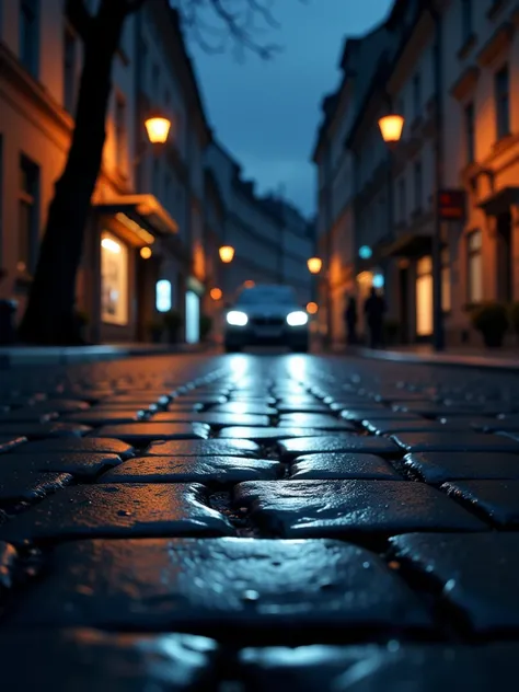 Close-up of the road, clear,  European city, night in town,, far away, in the background, there is a bmv car on the left side